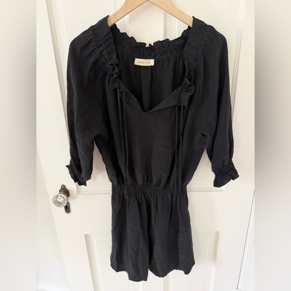 Amour Vert Black 100% Silk 3/4 Sleeve Ruched Mini Dress Size Small S